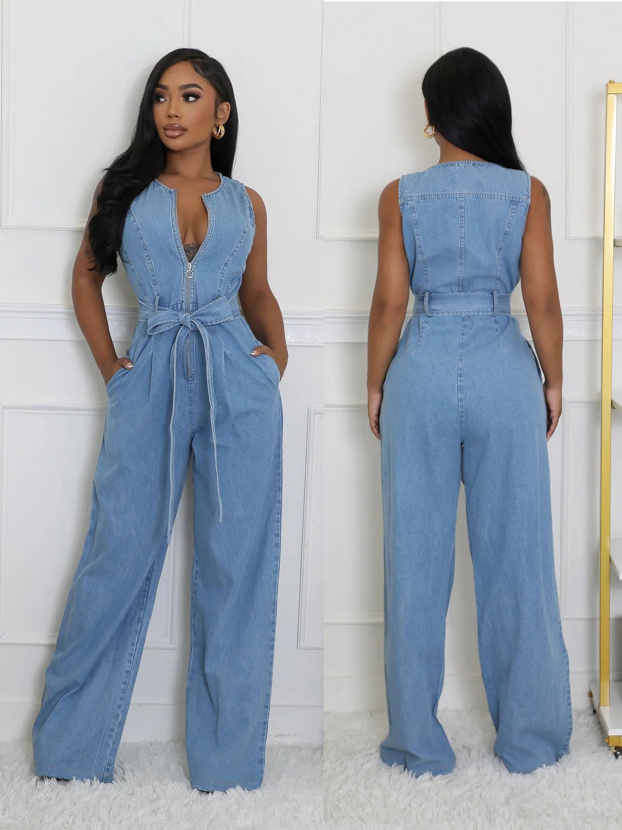 Denim Jumpsuit Women Casual Sleeveless Zip Bandage Patchwork One Pieces Straight Overalls Fashion Streetwear 2025 New