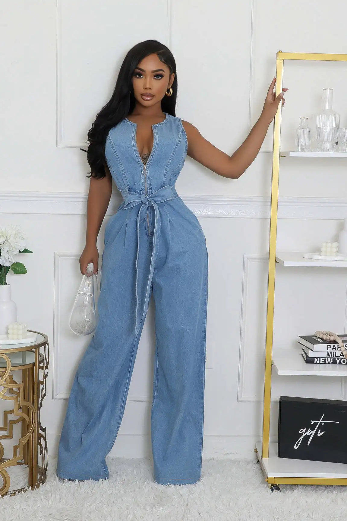 Denim Jumpsuit Women Casual Sleeveless Zip Bandage Patchwork One Pieces Straight Overalls Fashion Streetwear 2025 New