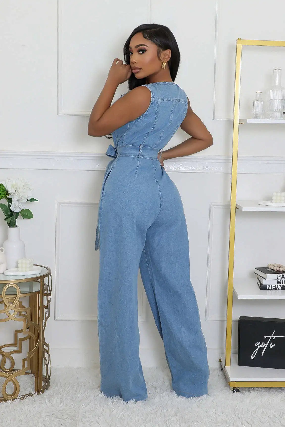 Denim Jumpsuit Women Casual Sleeveless Zip Bandage Patchwork One Pieces Straight Overalls Fashion Streetwear 2025 New