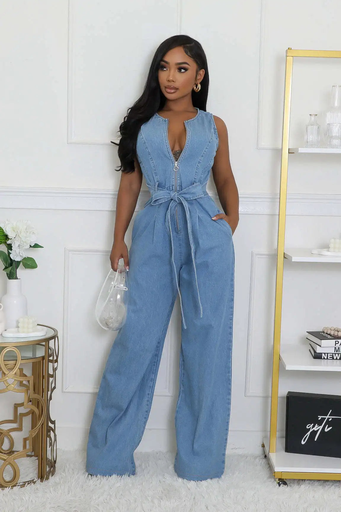 Denim Jumpsuit Women Casual Sleeveless Zip Bandage Patchwork One Pieces Straight Overalls Fashion Streetwear 2025 New