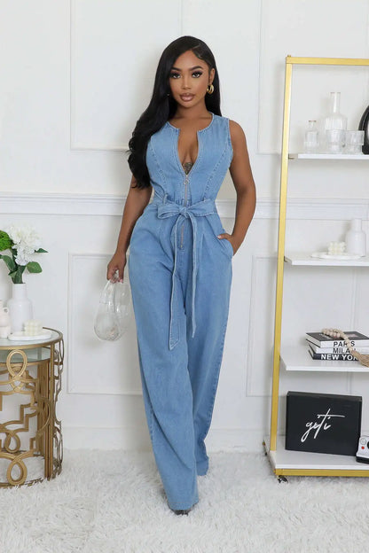 Denim Jumpsuit Women Casual Sleeveless Zip Bandage Patchwork One Pieces Straight Overalls Fashion Streetwear 2025 New