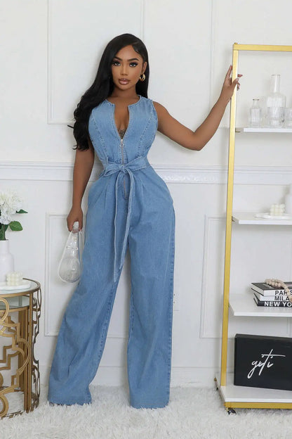 Denim Jumpsuit Women Casual Sleeveless Zip Bandage Patchwork One Pieces Straight Overalls Fashion Streetwear 2025 New